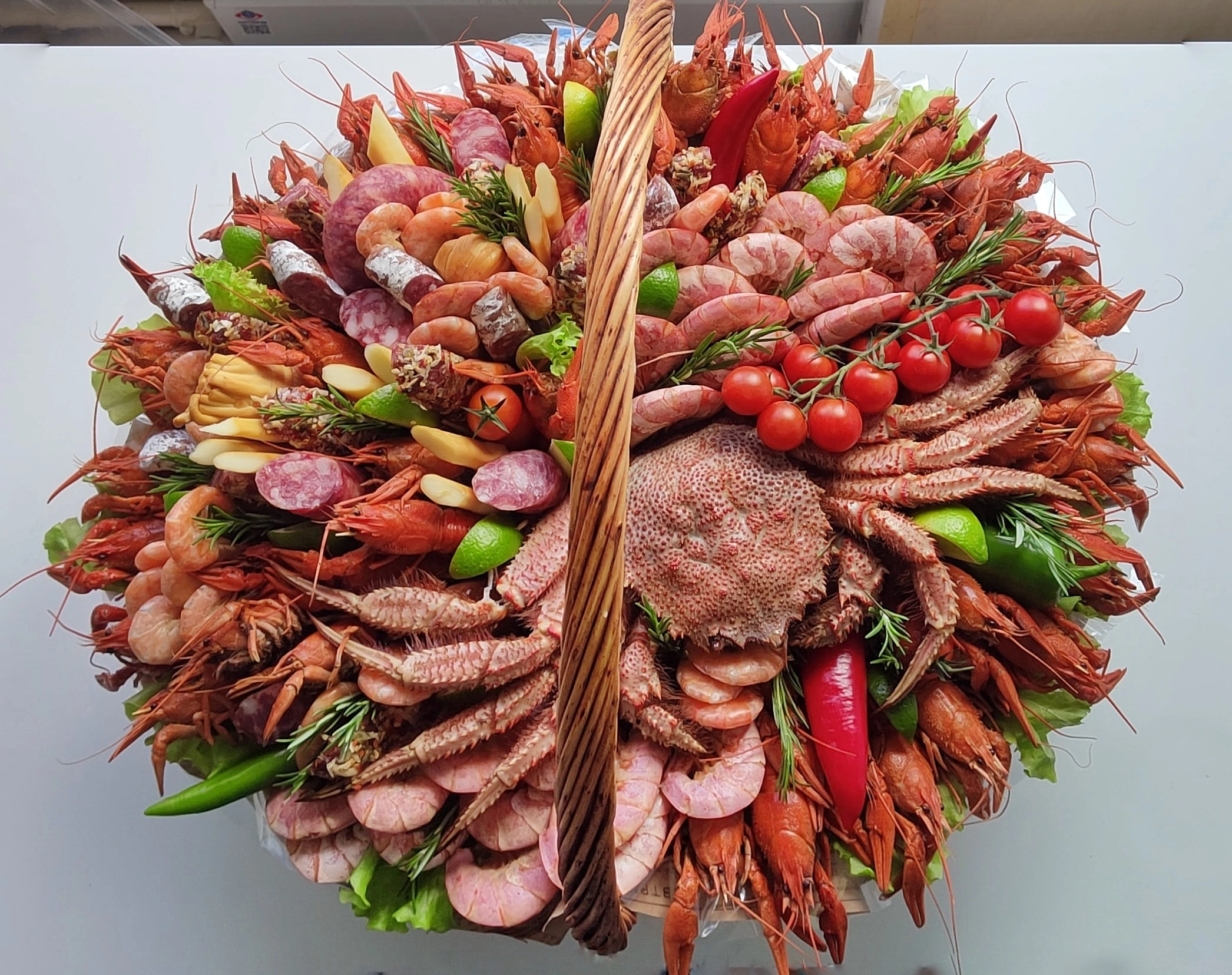№ 350. Большая корзина с крабом, раками, креветками, колбасами и сырами «Морской царь».
